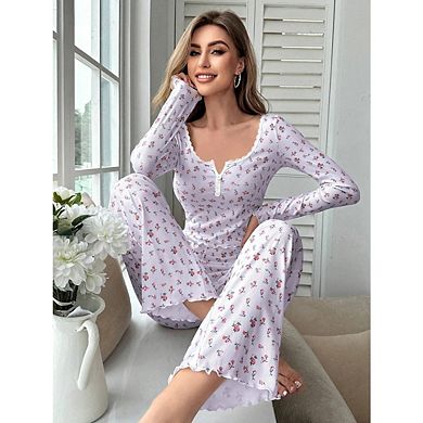 Women's 2 Piece Lounge Cute Floral Print Loungewear Soft Long sleeve Pajama Sets