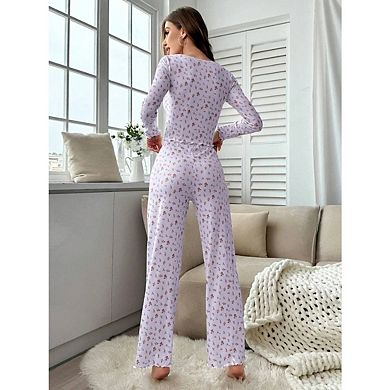 Women's 2 Piece Lounge Cute Floral Print Loungewear Soft Long sleeve Pajama Sets