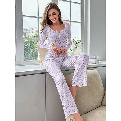 Women's 2 Piece Lounge Cute Floral Print Loungewear Soft Long sleeve Pajama Sets