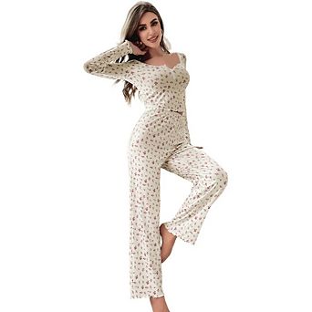 Women's 2 pc Lounge Cute Floral Print Loungewear Soft Long sleeve Pajama Sets