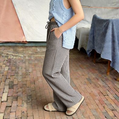 Women's Striped Wide Leg Pants, Loose Casual Drawstring Floor-Length Trousers