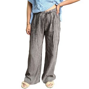 Women's Striped Wide Leg Pants, Loose Casual Drawstring Floor-Length Trousers