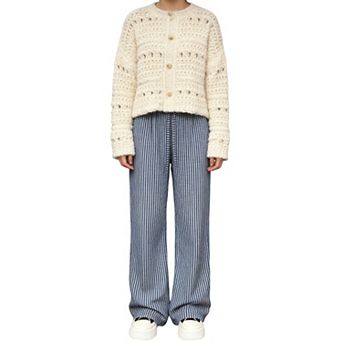 Women's Striped Wide Leg Pants, Loose Casual Drawstring Floor-Length Trousers