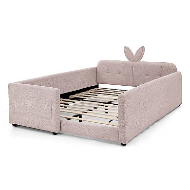 Pnronnc Boucle Upholstered Platform Toddler Bed with Rabbit Ear Shape Headboard, Safety Rail, Pocket