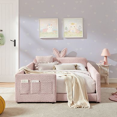 Pnronnc Boucle Upholstered Platform Toddler Bed with Rabbit Ear Shape Headboard, Safety Rail, Pocket
