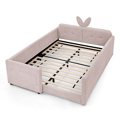 Pnronnc Boucle Upholstered Platform Toddler Bed with Rabbit Ear Shape Headboard, Safety Rail, Pocket