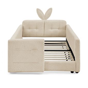 Pnronnc Boucle Upholstered Platform Toddler Bed with Rabbit Ear Shape Headboard, Safety Rail, Pocket