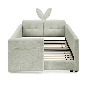 Pnronnc Boucle Upholstered Platform Toddler Bed with Rabbit Ear Shape Headboard, Safety Rail, Pocket