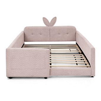Pnronnc Boucle Upholstered Platform Toddler Bed with Rabbit Ear Shape Headboard, Safety Rail, Pocket