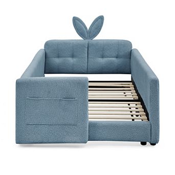 Pnronnc Boucle Upholstered Platform Toddler Bed with Rabbit Ear Shape Headboard, Safety Rail, Pocket