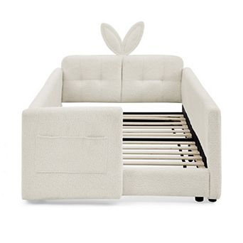 Pnronnc Boucle Upholstered Platform Toddler Bed with Rabbit Ear Shape Headboard, Safety Rail, Pocket