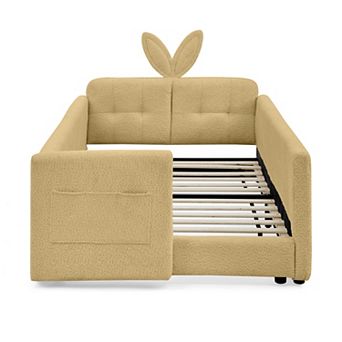 Pnronnc Boucle Upholstered Platform Toddler Bed with Rabbit Ear Shape Headboard, Safety Rail, Pocket