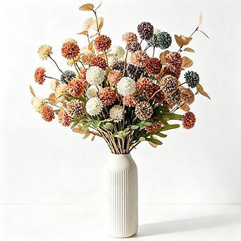 Mini Faux Mums with Eucalyptus, 12 pc Silk Artificial Flowers for Spring Table & Vase Decor