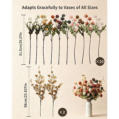 Mini Faux Mums with Eucalyptus, 12-Piece Silk Artificial Flowers for Spring Table & Vase Decor
