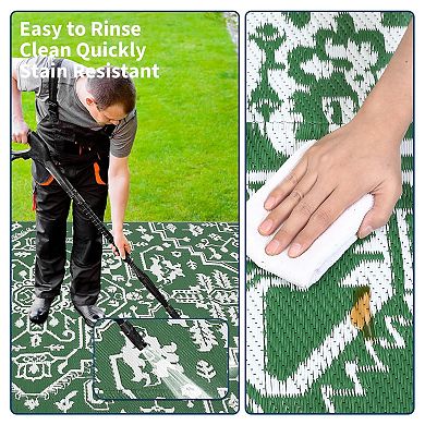 Large Medallion Outdoor Rug, Waterproof Reversible Plastic Straw Mat, Vintage Patio Carpet