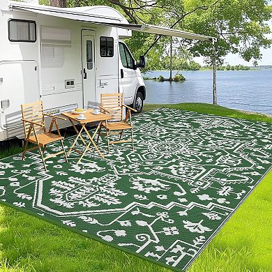 Large Medallion Outdoor Rug, Waterproof Reversible Plastic Straw Mat, Vintage Patio Carpet