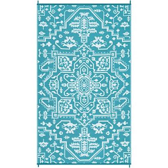 Large Medallion Outdoor Rug, Waterproof Reversible Plastic Straw Mat, Vintage Patio Carpet