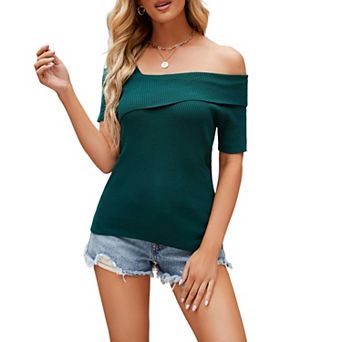 Women's Asymmetrical Off-Shoulder Ribbed Knit Top, Slim Fit Short Sleeve Solid Color Tee