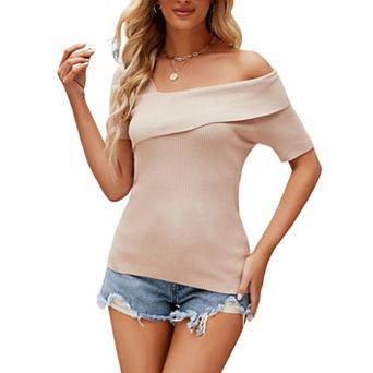 Women's Asymmetrical Off-Shoulder Ribbed Knit Top, Slim Fit Short Sleeve Solid Color Tee