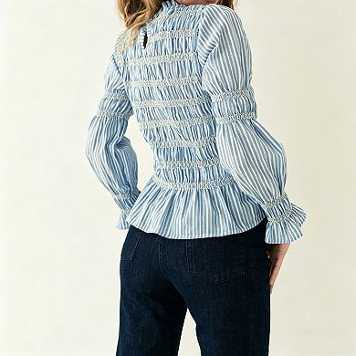 Women's Smocked Bell Sleeve Blouse, High Neck Peplum Top