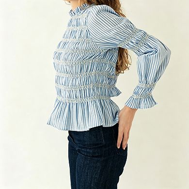 Women's Smocked Bell Sleeve Blouse, High Neck Peplum Top