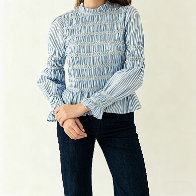 Women's Smocked Bell Sleeve Blouse, High Neck Peplum Top