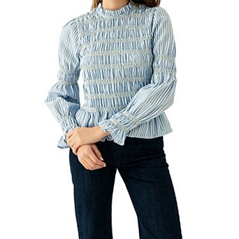 Women's Smocked Bell Sleeve Blouse, High Neck Peplum Top