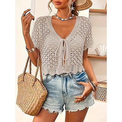 Women Crochet Shrug Sweater Tie Front Short Sleeve Cardigan