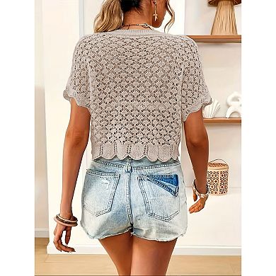 Women Crochet Shrug Sweater Tie Front Short Sleeve Cardigan