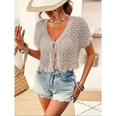 Women Crochet Shrug Sweater Tie Front Short Sleeve Cardigan