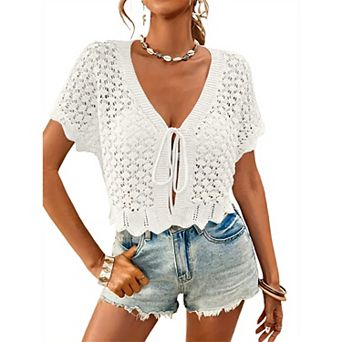 Women Crochet Shrug Sweater Tie Front Short Sleeve Cardigan