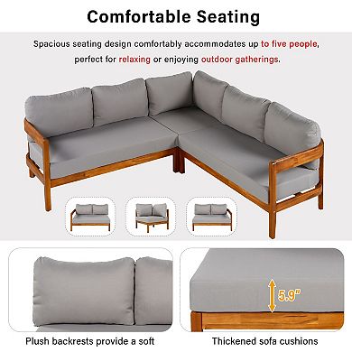 Eazegath 3-Piece Outdoor Solid Wood Conversation Sectional Sofa Set with Cushions