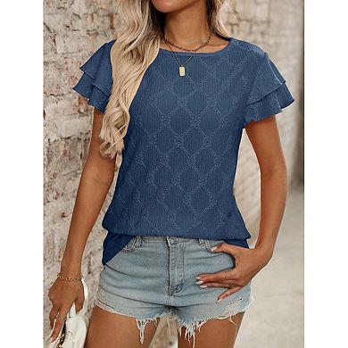 Seoria Womens Short Sleeve Ruffle Blouse Crew Neck Casual Top
