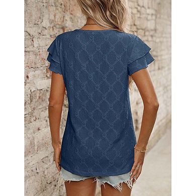 Seoria Womens Short Sleeve Ruffle Blouse Crew Neck Casual Top