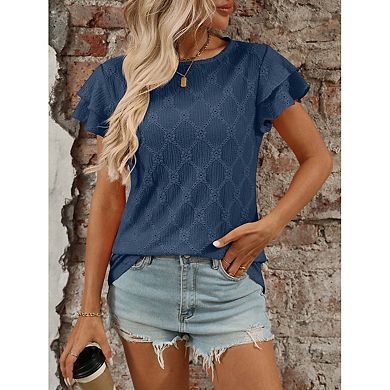 Seoria Womens Short Sleeve Ruffle Blouse Crew Neck Casual Top