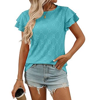 Seoria Womens Short Sleeve Ruffle Blouse Crew Neck Casual Top