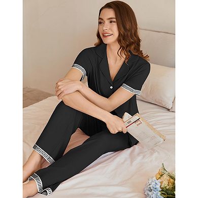 Ekouaer Womens Pajama Sets Short Sleeve Button Up Pjs Chic Contrast Trim Long Pants Soft