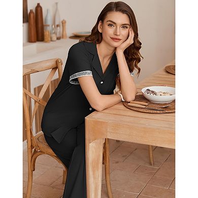 Ekouaer Womens Pajama Sets Short Sleeve Button Up Pjs Chic Contrast Trim Long Pants Soft