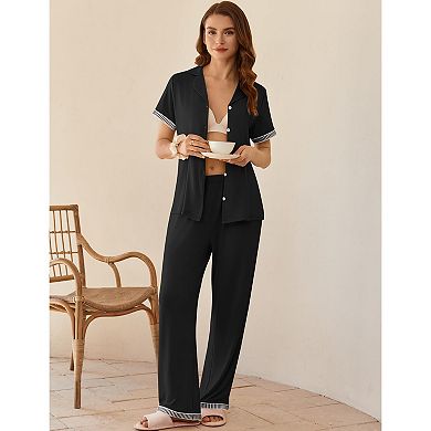 Ekouaer Womens Pajama Sets Short Sleeve Button Up Pjs Chic Contrast Trim Long Pants Soft