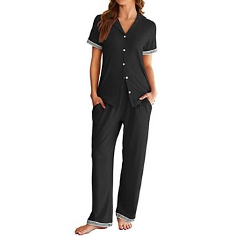 Ekouaer Womens Pajama Sets Short Sleeve Button Up Pjs Chic Contrast Trim Long Pants Soft