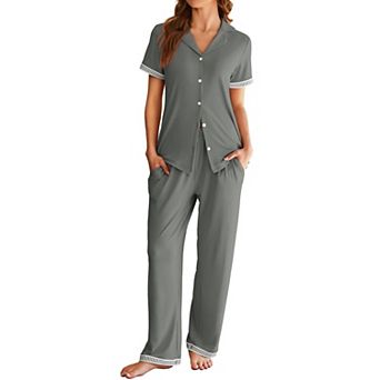 Ekouaer Womens Pajama Sets Short Sleeve Button Up Pjs Chic Contrast Trim Long Pants Soft