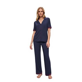 Ekouaer Womens Pajama Sets Short Sleeve Button Up Pjs Chic Contrast Trim Long Pants Soft