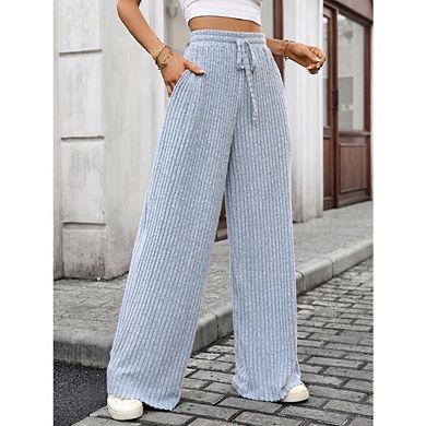 Women's Ribbed Knit Wide Leg Pants Casual Drawstring Waist Flowy Trousers