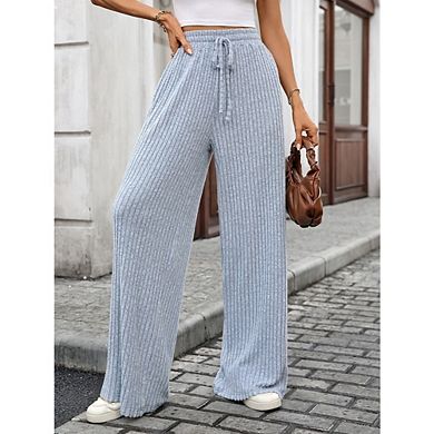 Women's Ribbed Knit Wide Leg Pants Casual Drawstring Waist Flowy Trousers