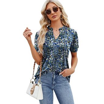 Women's V-Neck Tunic T-Shirt Puff Short Sleeve Pleated Casual Fashion Top