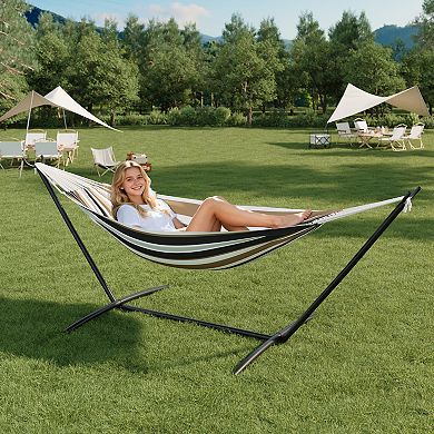 Double 2 Person Hammock, Indoor Outdoor Standing Hammock with Space Saving Steel Stand, Carry Bag