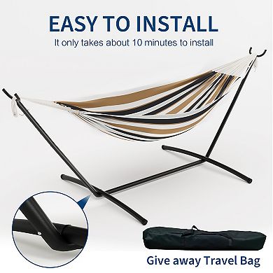 Double 2 Person Hammock, Indoor Outdoor Standing Hammock with Space Saving Steel Stand, Carry Bag