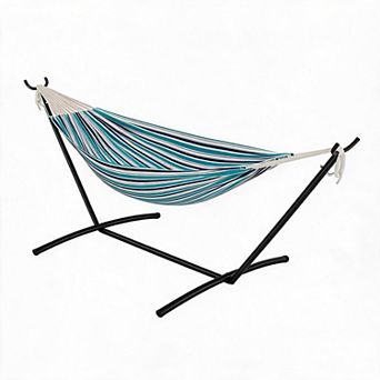 Double 2 Person Hammock, Indoor Outdoor Standing Hammock with Space Saving Steel Stand, Carry Bag