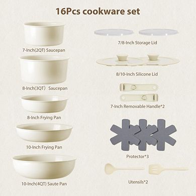 MOEPLSY16-Piece Ceramic Nonstick Cookware Set Removable Handle