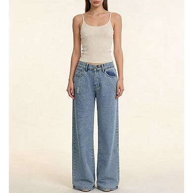 Women's Vintage High Waist Wide Leg Jeans Distressed Relaxed Jeans